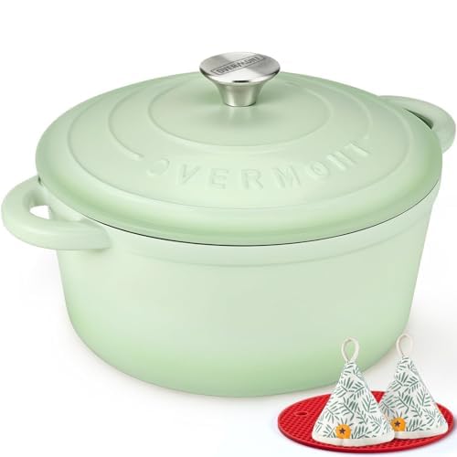 Overmont Enameled Cast Iron Dutch Oven - 7QT Pot with Lid Cookbook & Cotton Potholders - Heavy-Duty Cookware for Braising, Stews, Roasting, Sourdough Baking Cream White