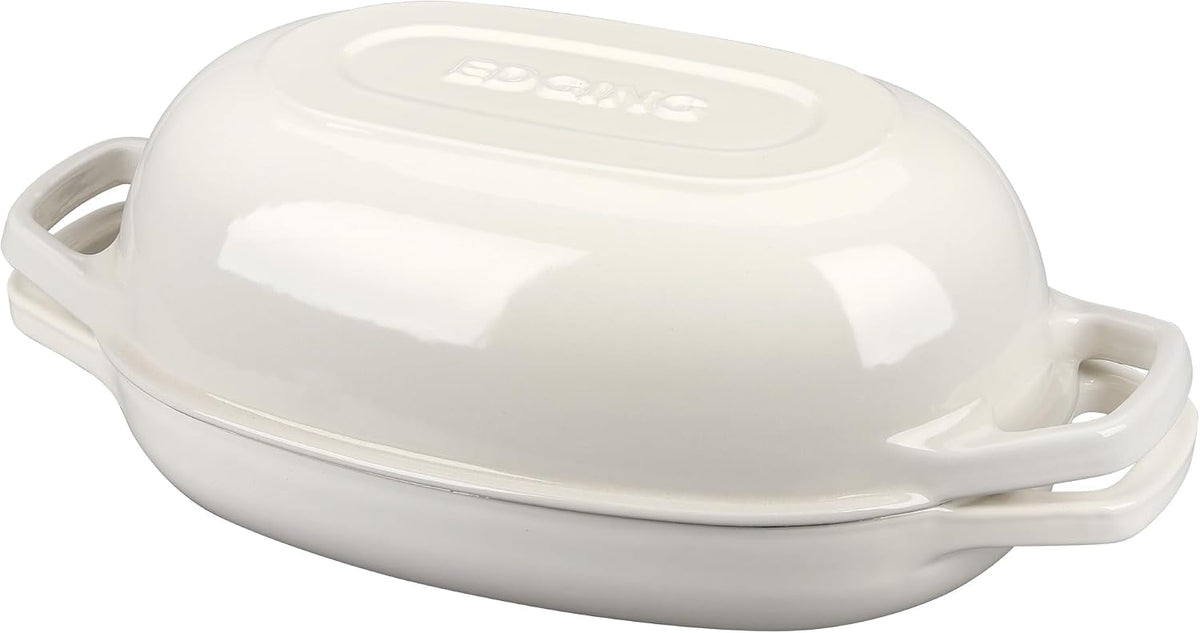 EDGING CASTING Enameled Cast Iron Oval Dutch Oven Pot with Lid, Dutch Oven for Sourdough Bread Baking, Bread Oven, Bread Dutch Oven, Oval Bread Pan, 5qt, White