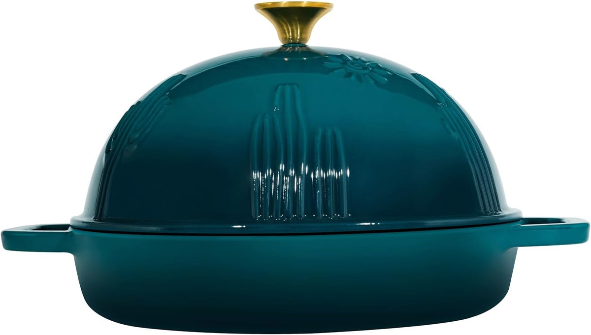 Flavehc Bread Oven Cast Iron Bread Dutch Oven with Cloche Lid for Bread Baking Darkcyan Enameled Cast Iron Bread Oven with Dome Lid for Sourdough, 9.8 Inches