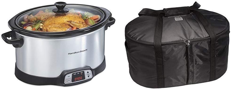 Hamilton Beach 8-Quart Programmable Slow Cooker With Digital Timer, Silver (33480) & Travel Case, Carrier Insulated Bag for 4, 5, 6, 7 & 8 Quart Slow Cookers (33002),Black