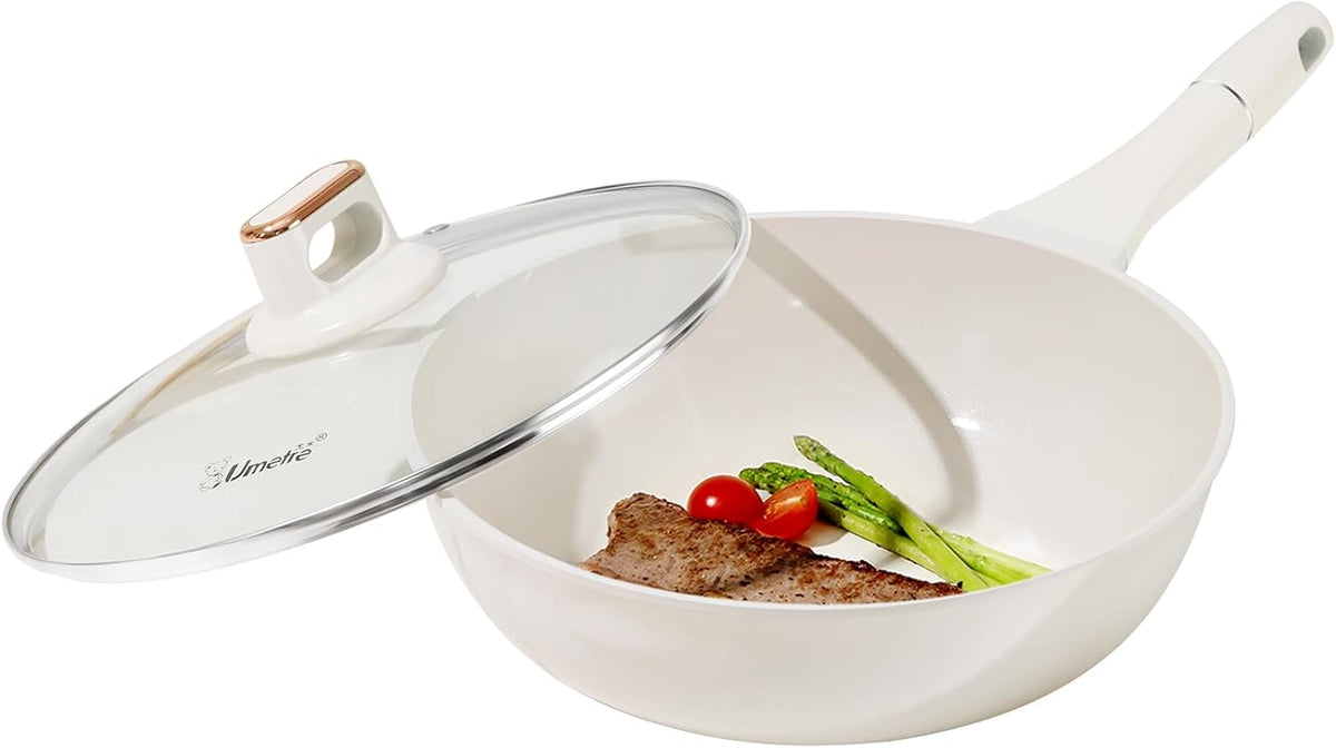 11 INCH Nonstick Wok Pan with Glass Lid, Deep Ceramic Coated Skillet
