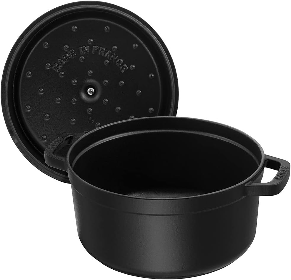 Staub Cast Iron Round Cocotte, Dutch Oven, 9-quart, serves 9-10, Made in France, Matte Black