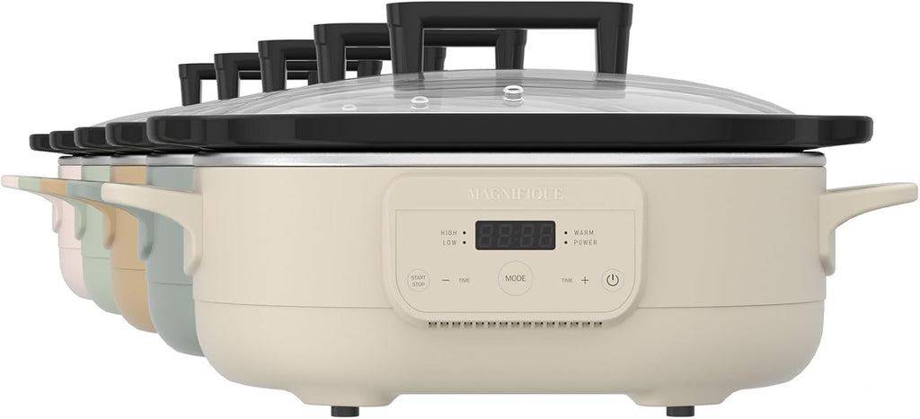 MAGNIFIQUE 6 Quart Programmable Slow Cooker Removable Healthy Nonstick Pot - Small Kitchen Appliance for Family Dinners - Serves 6+ People - Heat Settings: Keep Warm Olive