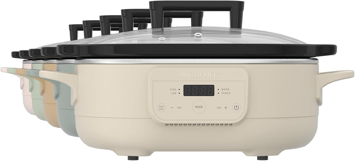 MAGNIFIQUE 6 Quart Programmable Slow Cooker Removable Healthy Nonstick Pot - Small Kitchen Appliance for Family Dinners - Serves 6+ People - Heat Settings: Keep Warm Olive