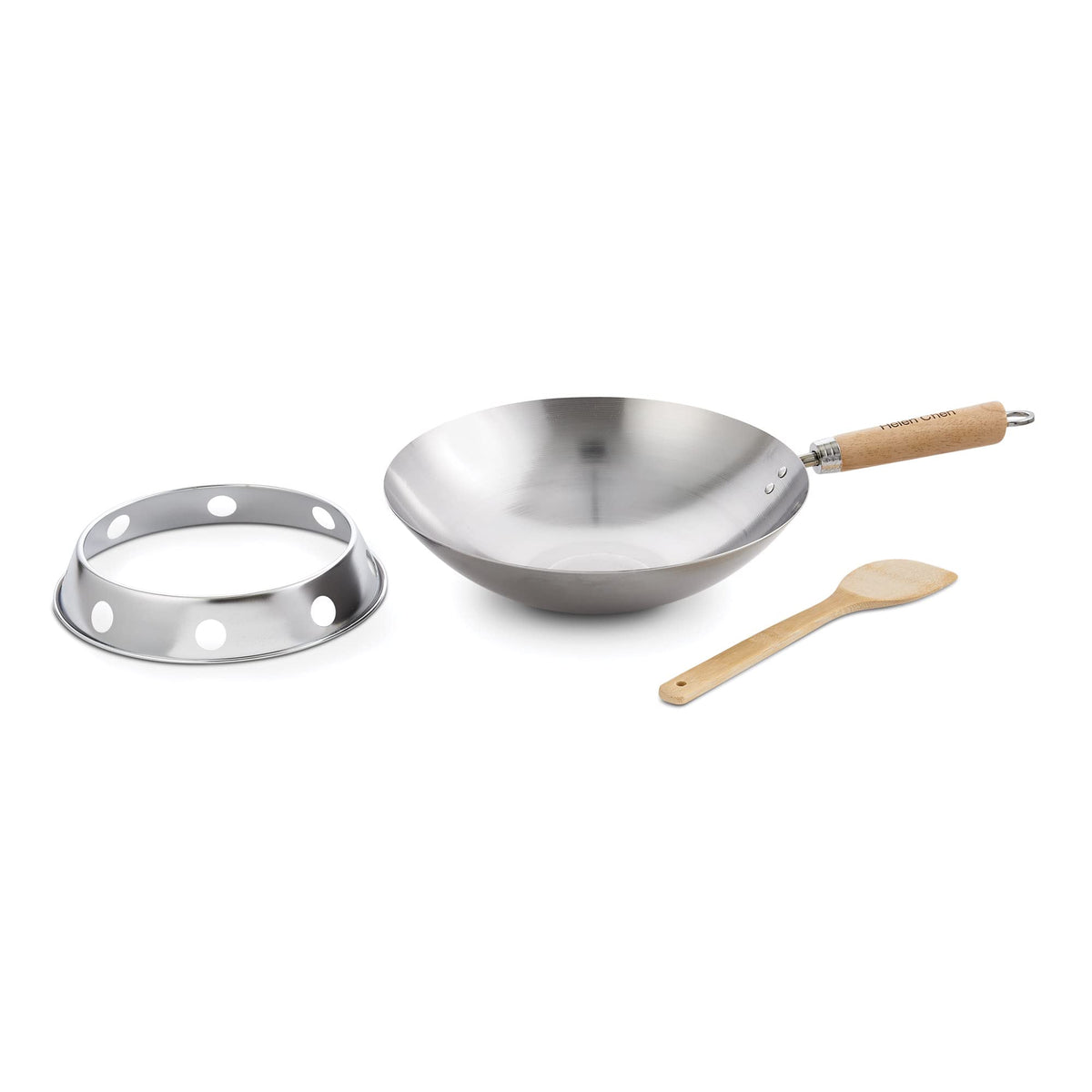 Helen's Asian Kitchen Carbon Steel Mini Wok, 8-Inch, Flat Bottom Chinese Stir Fry Pan With Rubberwood Handle For Single-Serve Stir Fry, Fried Rice, Noodles, And Asian Cooking