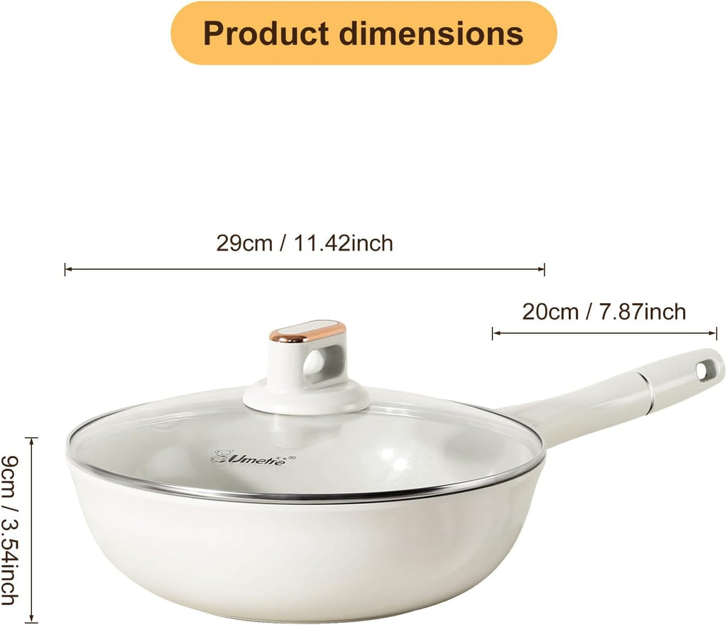 11 INCH Nonstick Wok Pan with Glass Lid, Deep Ceramic Coated Skillet