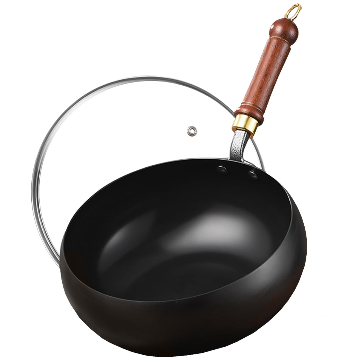 Carbon Steel Wok Pan, 9.4 INCH Nonstick Pre-Seasoned Woks & Stir-Fry Pans with Lid, No Chemical Coating Wok Flat Bottom Small Handmade Chinese Wok for Induction, Gas, Electric & All Stoves