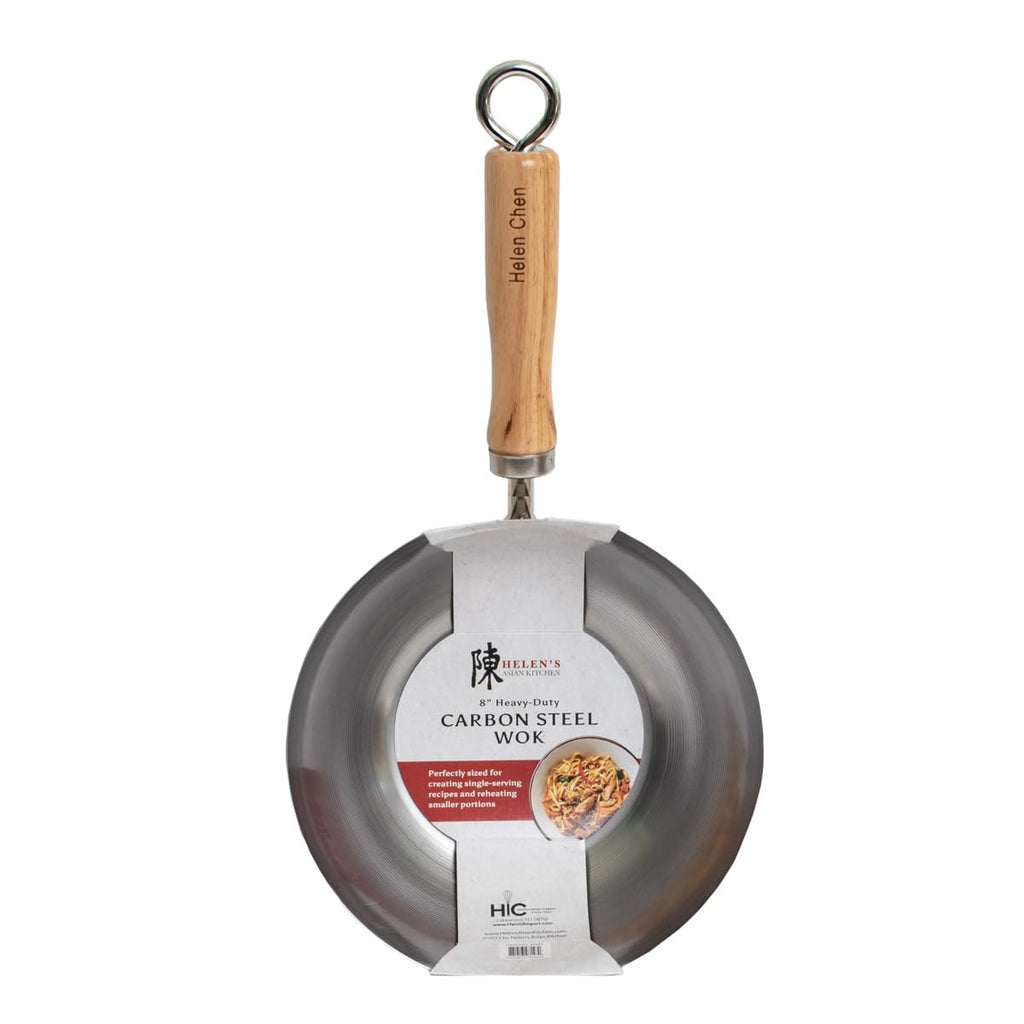 Helen's Asian Kitchen Carbon Steel Mini Wok, 8-Inch, Flat Bottom Chinese Stir Fry Pan With Rubberwood Handle For Single-Serve Stir Fry, Fried Rice, Noodles, And Asian Cooking