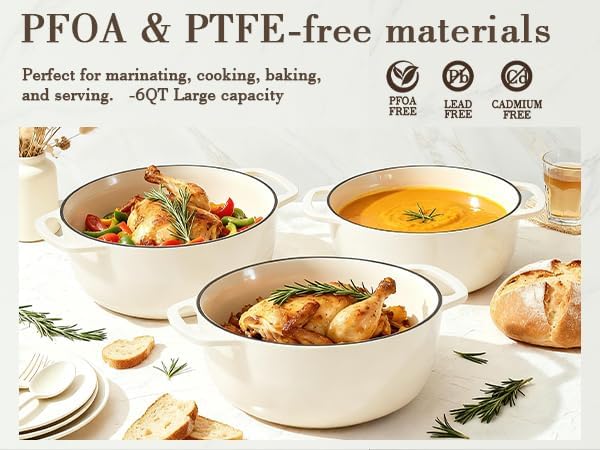 Umite Chef 6QT Enameled Cast Iron Dutch Oven with Lid, Versatile Heavy-Duty Cookware Pot for Baking Bread, Braising, Soups & Stews, Oven & Stovetop Safe with Heat Resistant Gloves（Cream White）