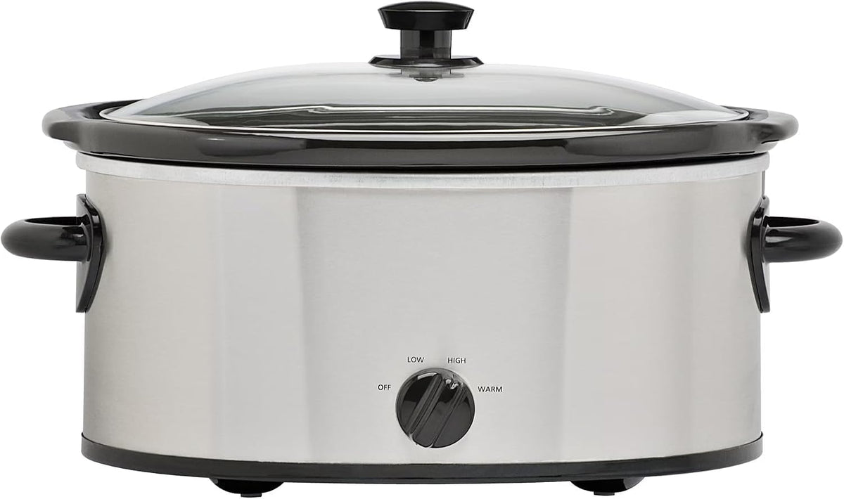 Slow Cooker, 6 Quart, Stainless Steel, Removable Stoneware Crock, 3 Temperature Settings, for Family Meals