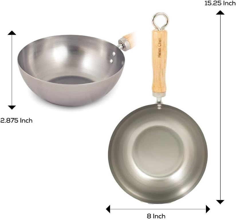 Helen's Asian Kitchen Carbon Steel Mini Wok, 8-Inch, Flat Bottom Chinese Stir Fry Pan With Rubberwood Handle For Single-Serve Stir Fry, Fried Rice, Noodles, And Asian Cooking