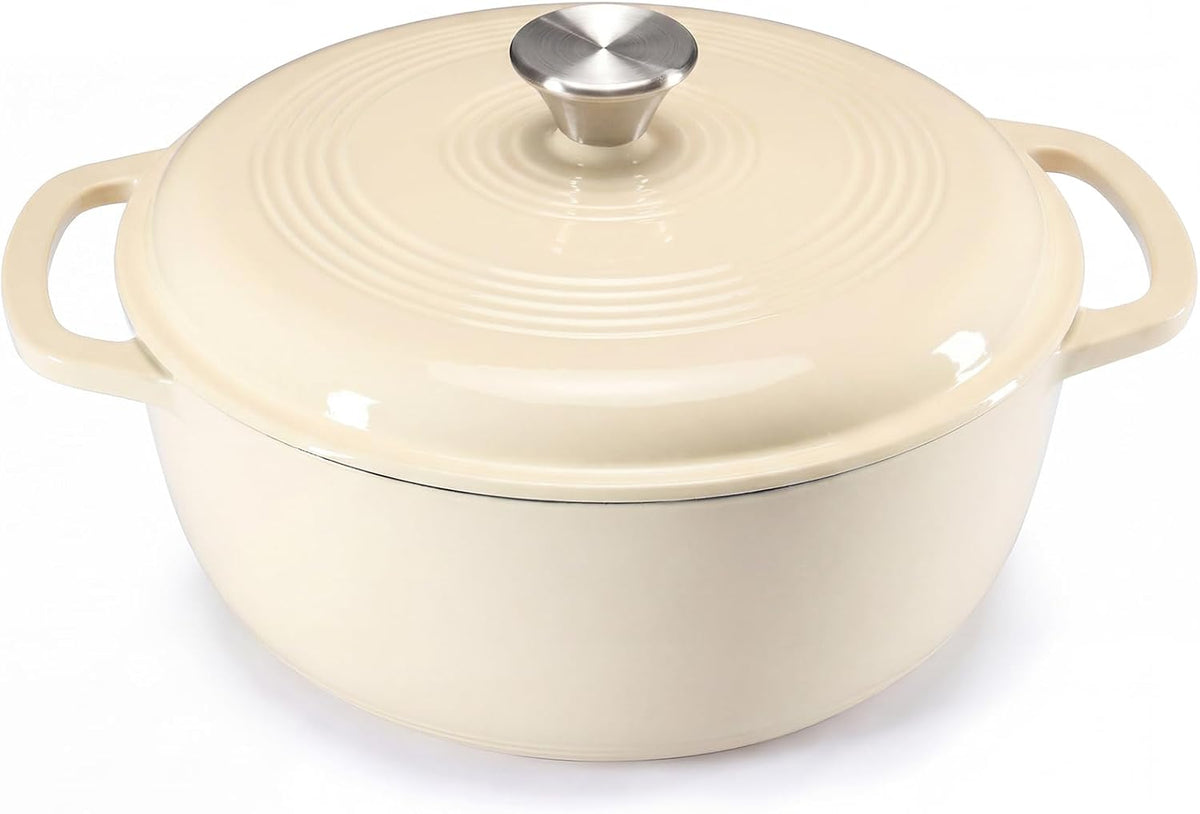 NEWBULIG 6 Quart Cast Iron Dutch Oven, Enamel Dutch Oven Pot with Lid Beige