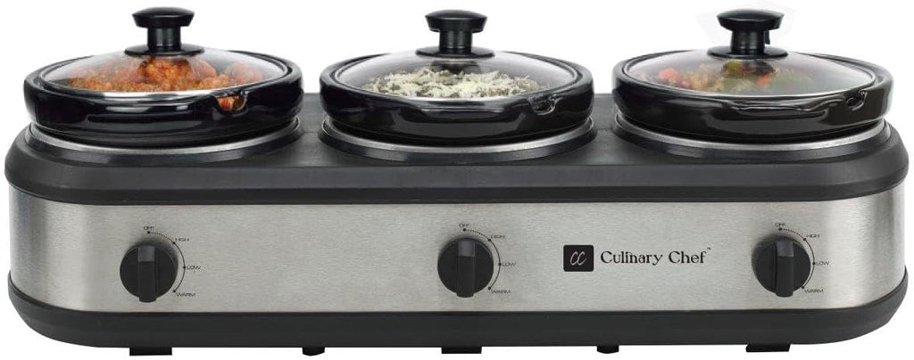 CULINARY CHEF, Triple Slow Cooker, Buffet Server 2.5qt x 3 Pot, Food Warmer – Stainless