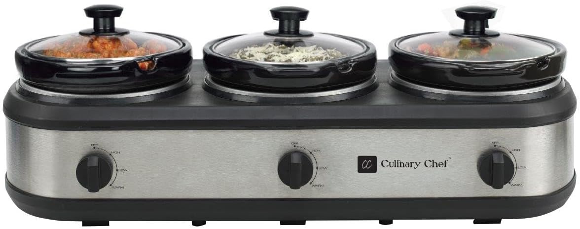 CULINARY CHEF, Triple Slow Cooker, Buffet Server 2.5qt x 3 Pot, Food Warmer – Stainless