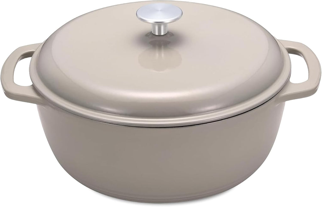 Amazon Basics Enameled Cast Iron Dutch Oven Pot With Lid, 4.3-Quart, Round, Dual Handles, Heavy-Duty, Oven Safe for Stews, Roasting & Baking, Linen Gray