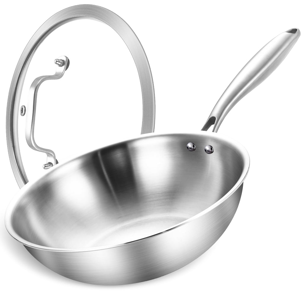 LOLYKITCH 13-Inch Stainless Steel Wok with Glass Lid | Detachable Handle