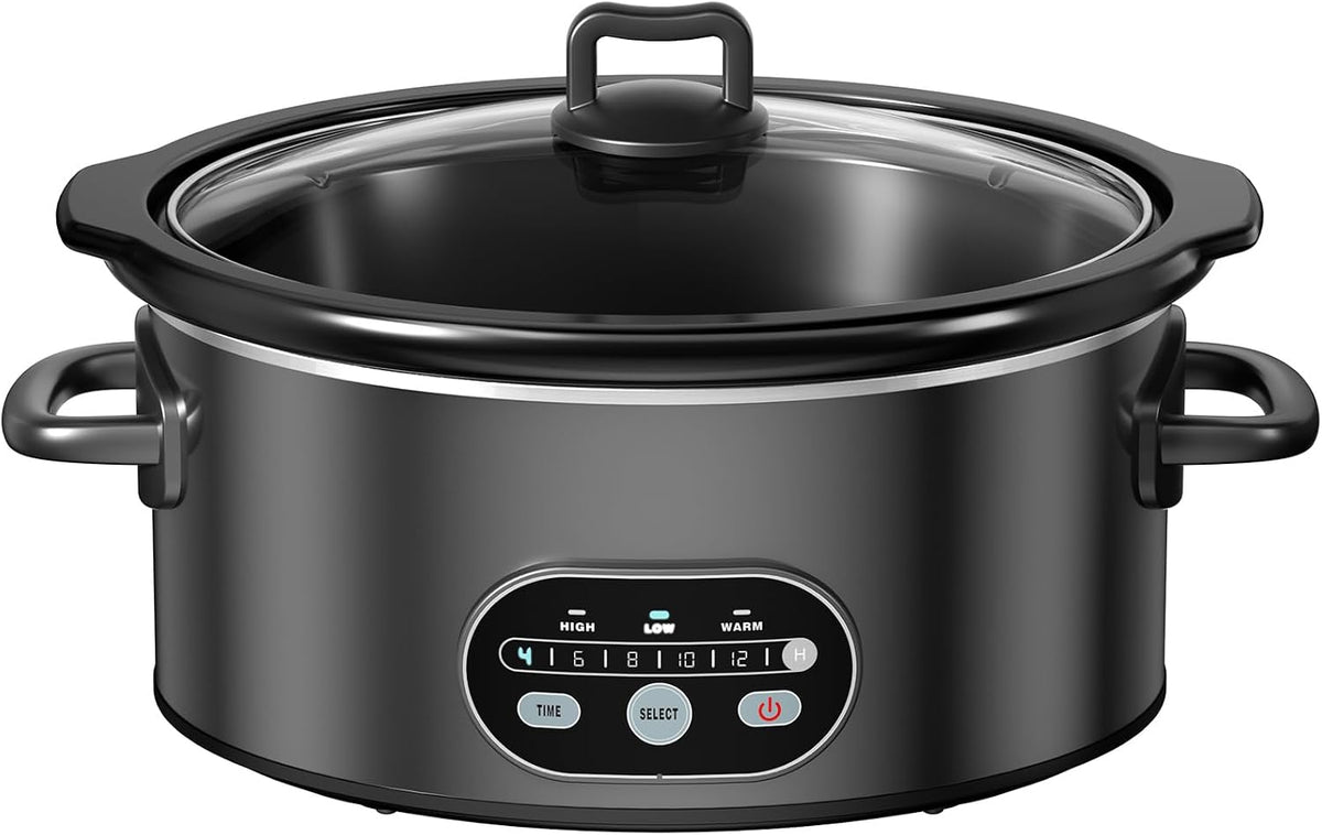 NEWBULIG Slow Cooker 6 Quart, Large Slow Cooker, Ceramic Nonstick Coating, 3 Adjustable Temp Multi Cookers with Dishwasher Safe Stoneware Pot & Tempered Glass Lid, 35in Tangle Free Cord Wrap, Black