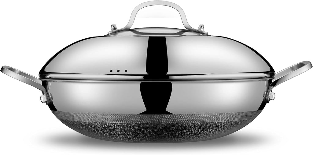 SNOWCLAD Wok, 13 Inch Hybrid Woks & Stir-fry Pans Nonstick with Double Handles, Non Toxic Stainless Steel Wok Pan with Lid, Dishwasher Induction Oven Broiler Safe