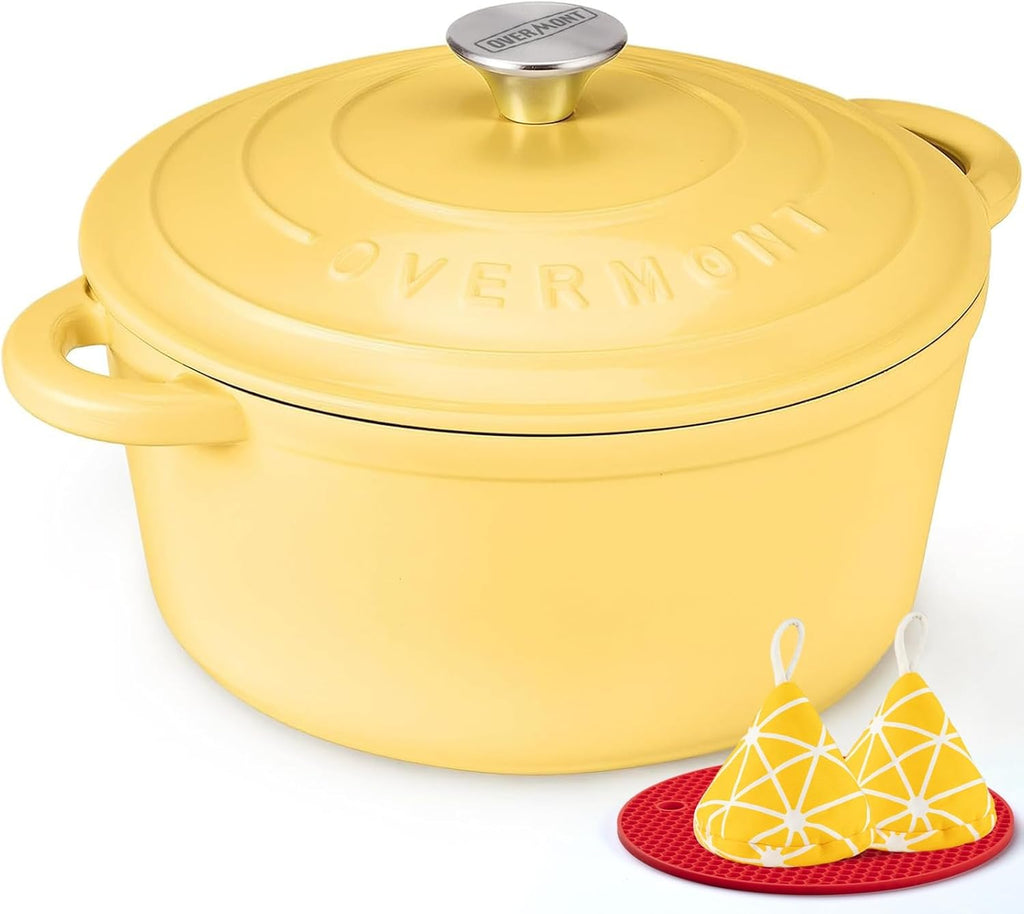 Overmont Enameled Cast Iron Dutch Oven - 7QT Pot with Lid Cookbook & Cotton Potholders - Heavy-Duty Cookware for Braising, Stews, Roasting, Bread Baking GooseYellow