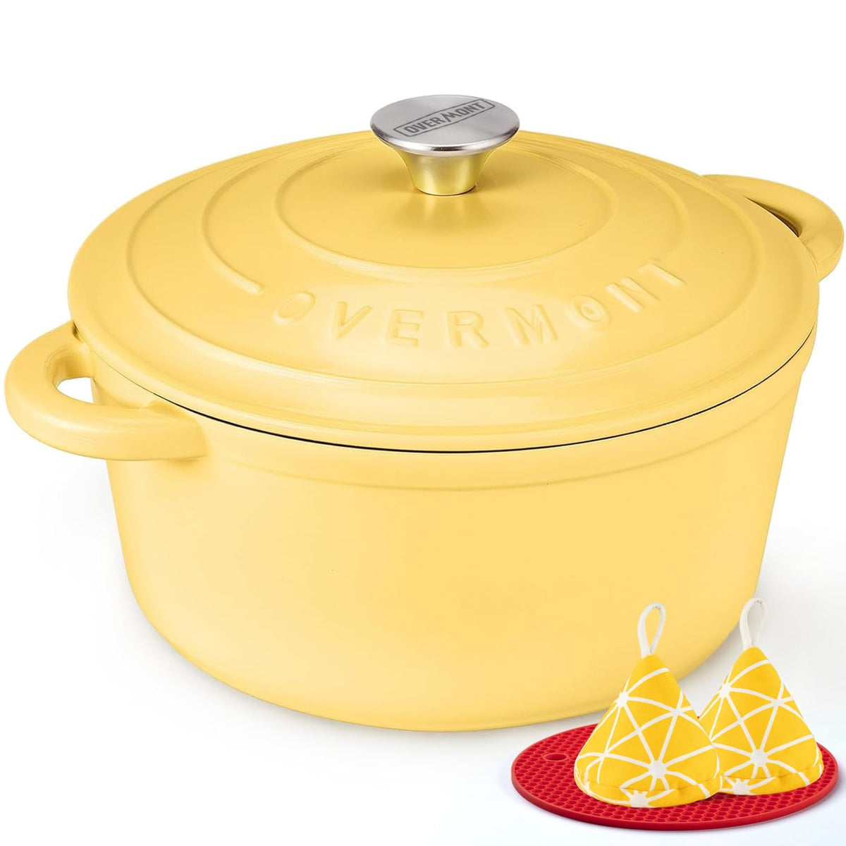 Overmont Enameled Cast Iron Dutch Oven - 7QT Pot with Lid Cookbook & Cotton Potholders - Heavy-Duty Cookware for Braising, Stews, Roasting, Sourdough Baking Cream White
