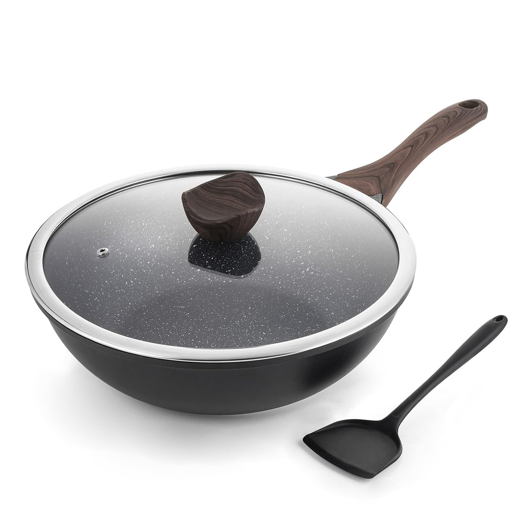 Kordisen Ceramic Wok Pan, 12 Inch Nonstick Wok with Lid, Healthy Non Toxic Woks & Stir-fry Pans for Cooking, Induction Cookware, PFOA & PFAS Free (Grey)