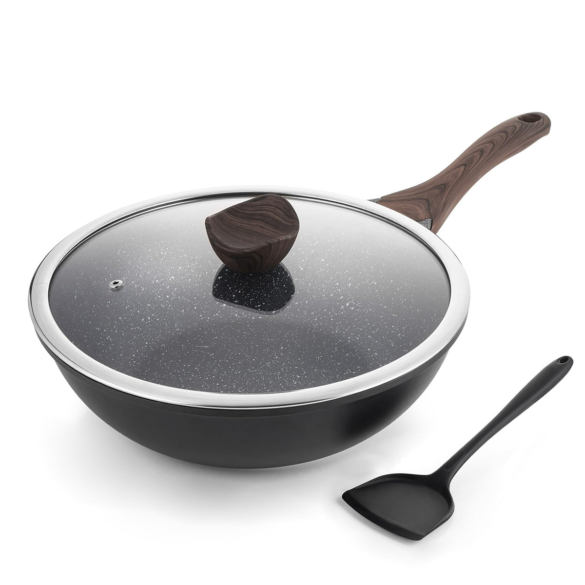 Kordisen Ceramic Wok Pan, 12 Inch Nonstick Wok with Lid, Healthy Non Toxic Woks & Stir-fry Pans for Cooking, Induction Cookware, PFOA & PFAS Free (Grey)