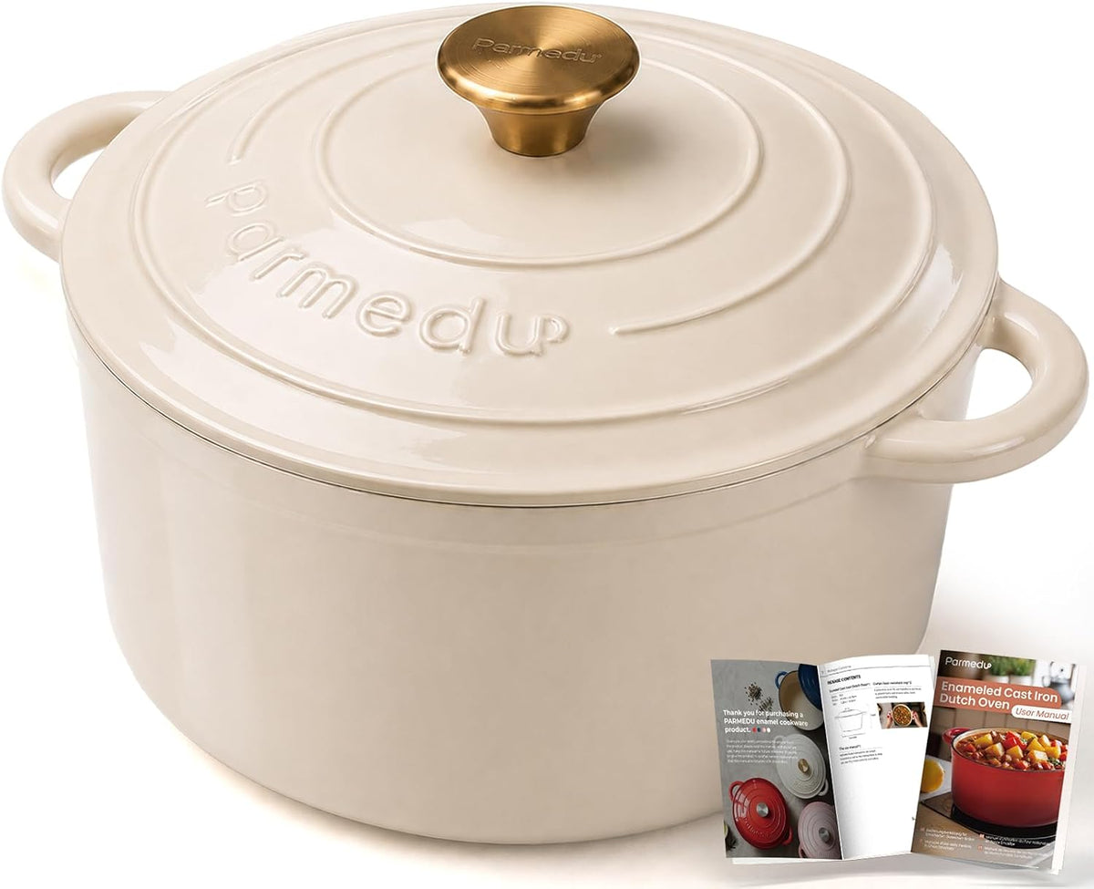 Parmedu 5.5QT Enameled Cast Iron Dutch Oven for Sourdough Bread White