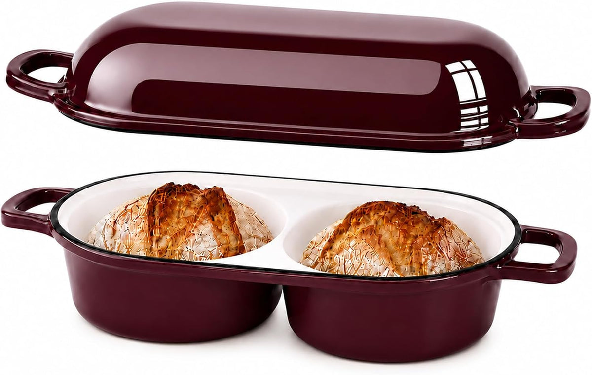 HUILIPU Mini Double Dutch Oven for Sourdough Bread Baking, 2.2QT - Burgundy