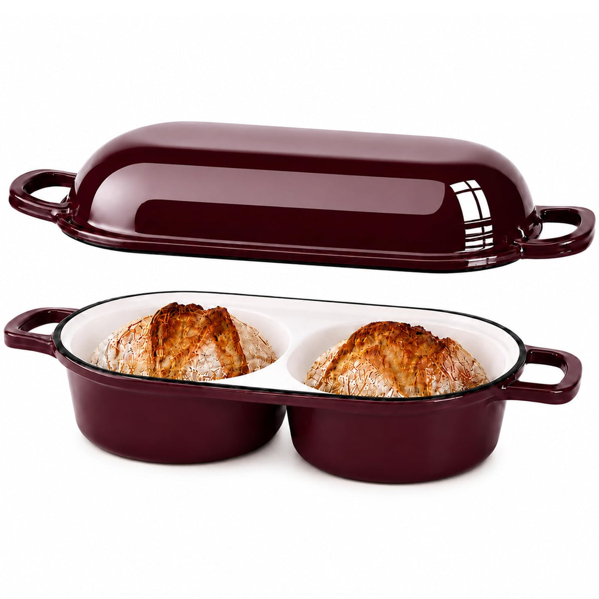 HUILIPU Mini Double Dutch Oven for Sourdough Bread Baking, 2.2QT - Burgundy