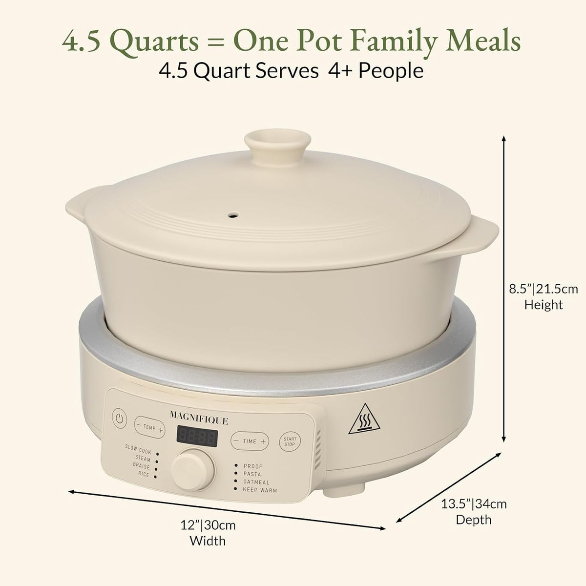 MAGNIFIQUE Slow Cooker, 4.5 Quart 8-in-1 Clay Pot Multi-Cooker, Non-Toxic Slow Cooker for Rice, Pasta, Steam & Proof, Nonstick, Oven Safe Pot to 500°F, Oatmeal