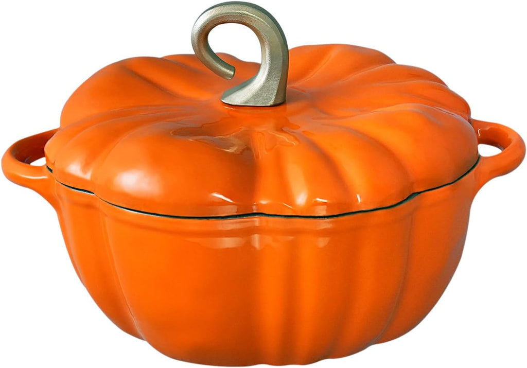 Flavehc Pumpkin Dutch Oven Pot with Lid 3.8 Qt, Enameled Cast Iron, Halloween Decor