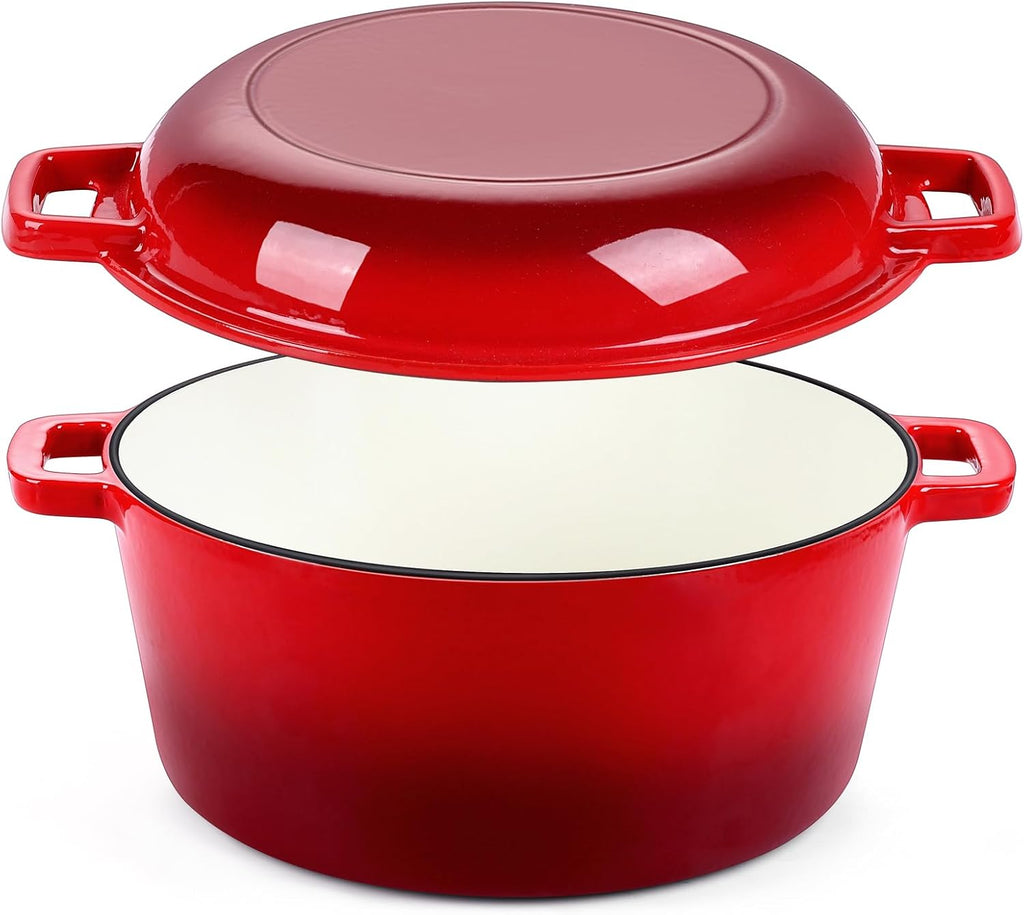 P&P CHEF 2 In 1 Red Dutch Oven Pot with Lid for Bread Baking, 5Qt