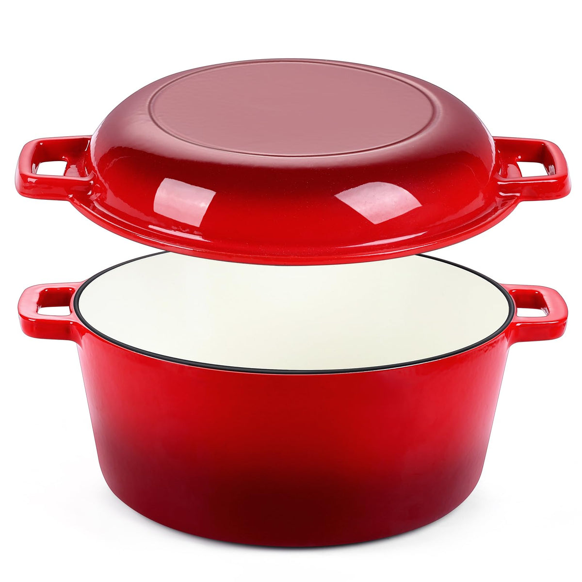 P&P CHEF 2 In 1 Red Dutch Oven Pot with Lid for Bread Baking, 5Qt