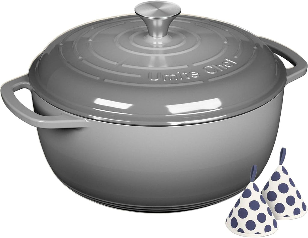 Enameled Cast Iron Dutch Oven - Umite Chef 6QT Pot with Lid & Cotton Potholders - Dual Handles -Versatile Heavy Duty Cookware for Bread Baking, Braising, Stews, Roasting(Grey）