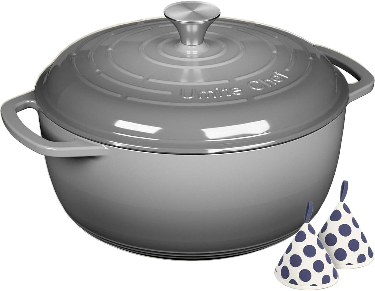 Enameled Cast Iron Dutch Oven - Umite Chef 6QT Pot with Lid & Cotton Potholders - Dual Handles -Versatile Heavy Duty Cookware for Bread Baking, Braising, Stews, Roasting(Grey）