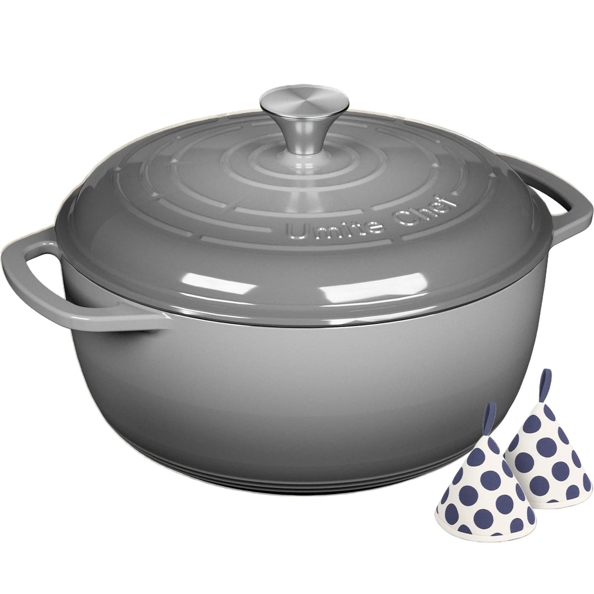 Enameled Cast Iron Dutch Oven - Umite Chef 6QT Pot with Lid & Cotton Potholders - Dual Handles -Versatile Heavy Duty Cookware for Bread Baking, Braising, Stews, Roasting(Grey）