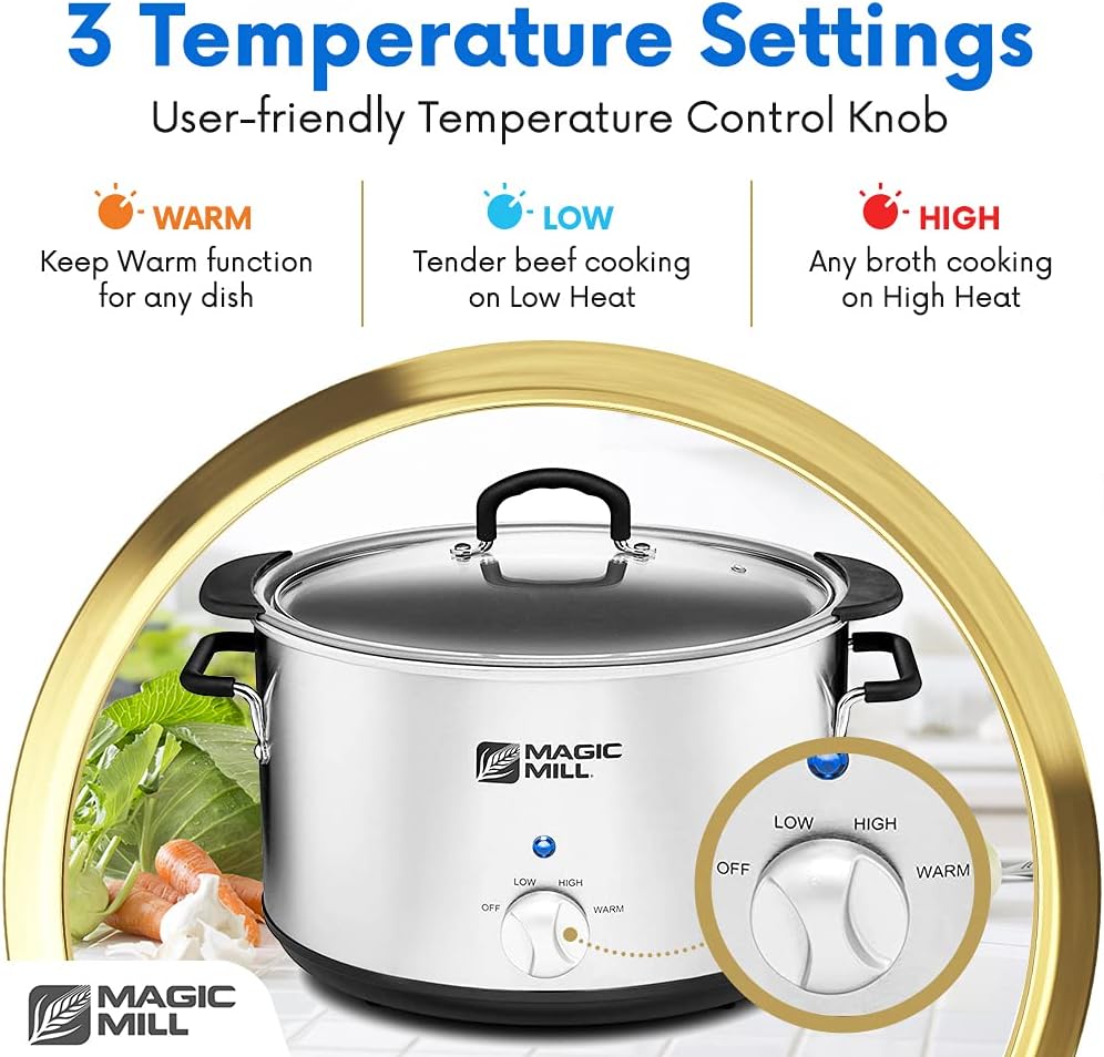 Magic Mill Extra Large 10 Quart Slow Cooker With Metal Searing Pot & Transparent Tempered Glass Lid