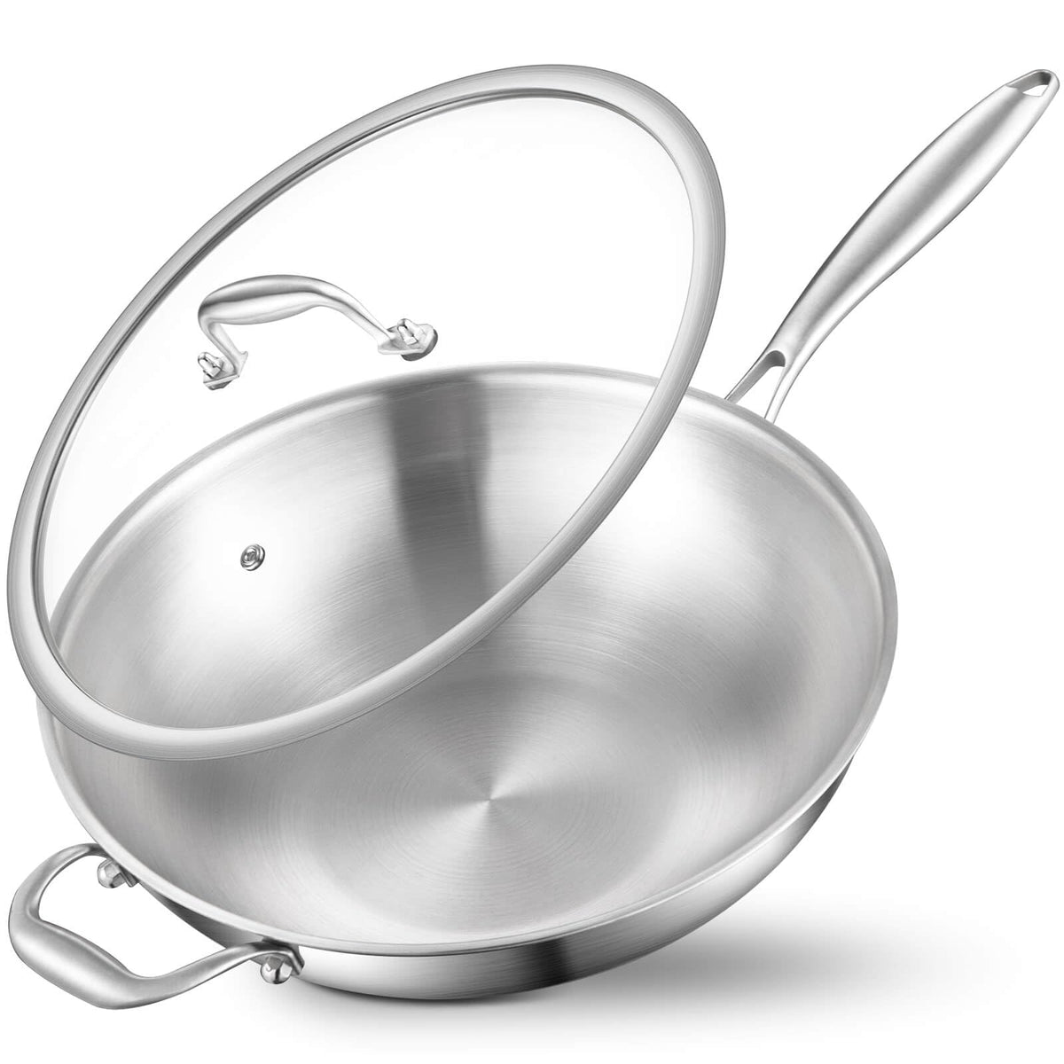 DELARLO Tri-Ply Stainless Steel Woks, 12 Inch Healthy Non-Toxic Cooking Wok Pan with Lid, Wide & Deep Cookware Stir-Fry Pans, Dishwasher and Oven Safe Up To 600°F, Works on Induction，Detachable Handle