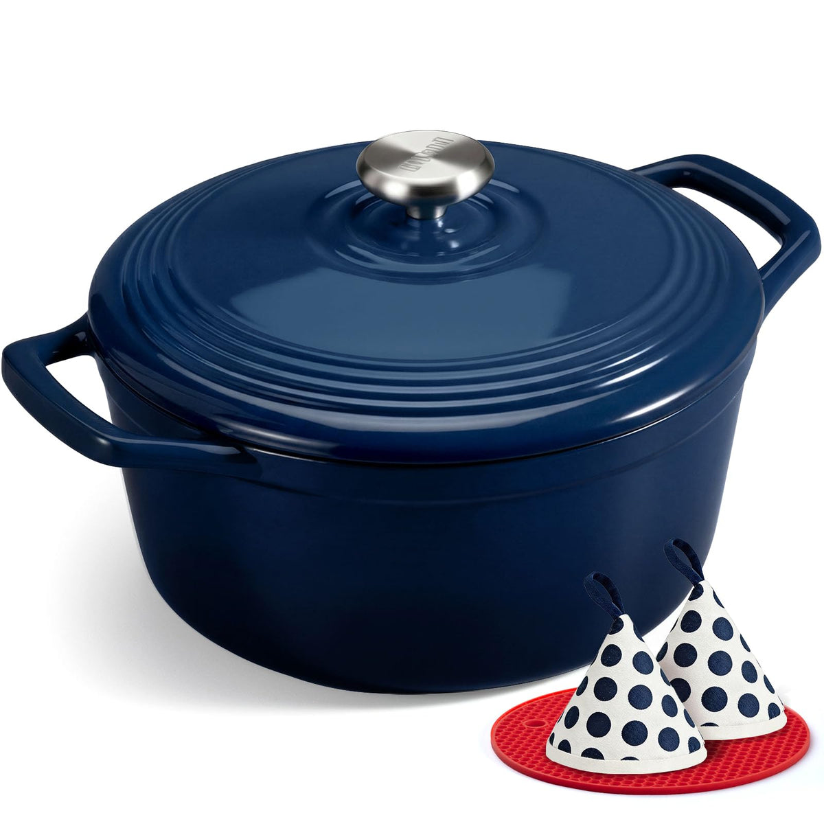 Overmont Enameled Cast Iron Dutch Oven - 5.5QT Pot with Lid Cookbook & Cotton Potholders - Heavy-Duty Cookware for Braising, Stews, Roasting, Sourdough Baking White