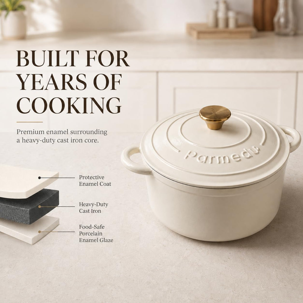 Parmedu 5.5QT Enameled Cast Iron Dutch Oven for Sourdough Bread White