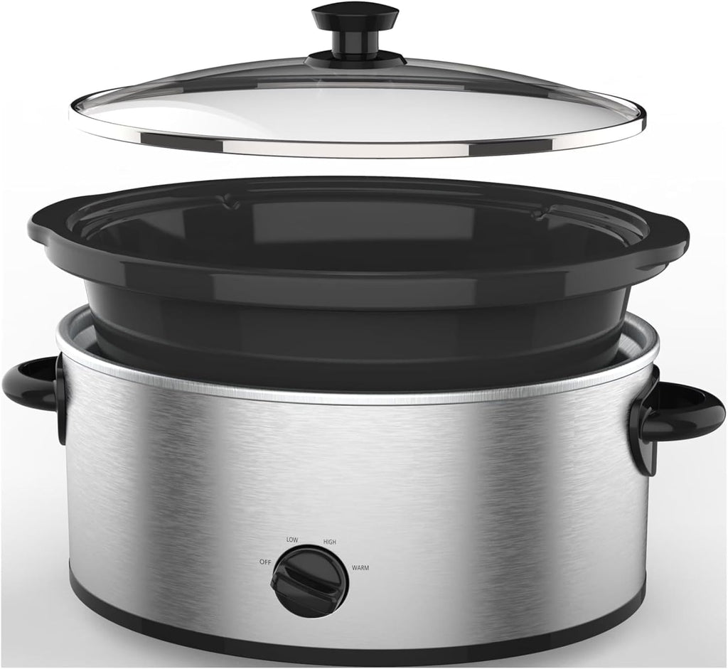 Slow Cooker, 6 Quart, Stainless Steel, Removable Stoneware Crock, 3 Temperature Settings, for Family Meals