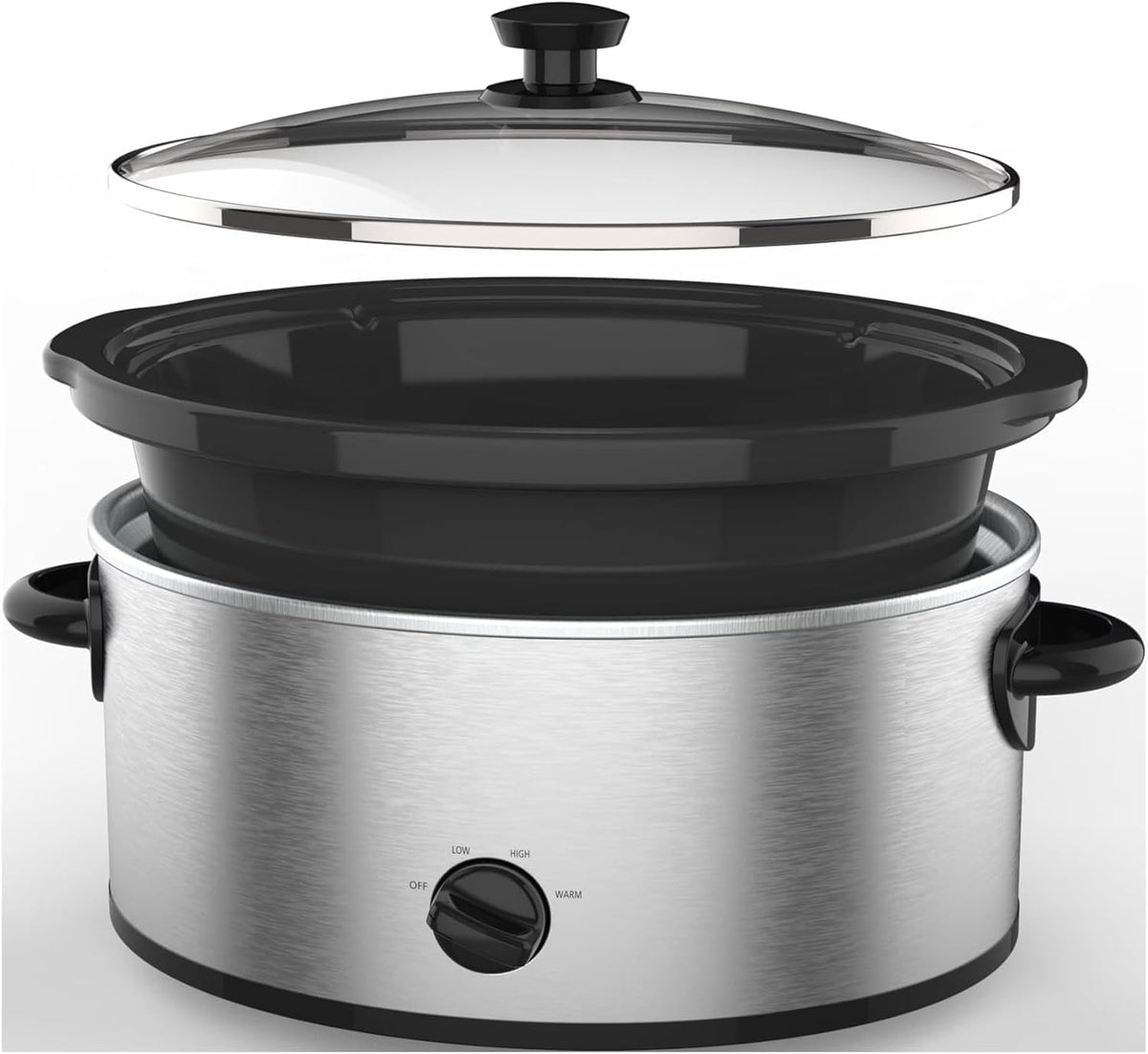 Slow Cooker, 6 Quart, Stainless Steel, Removable Stoneware Crock, 3 Temperature Settings, for Family Meals