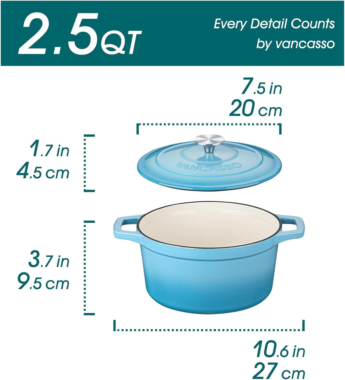 vancasso 2.5 Qt Enameled Cast Iron Dutch Oven with Lid, Blue
