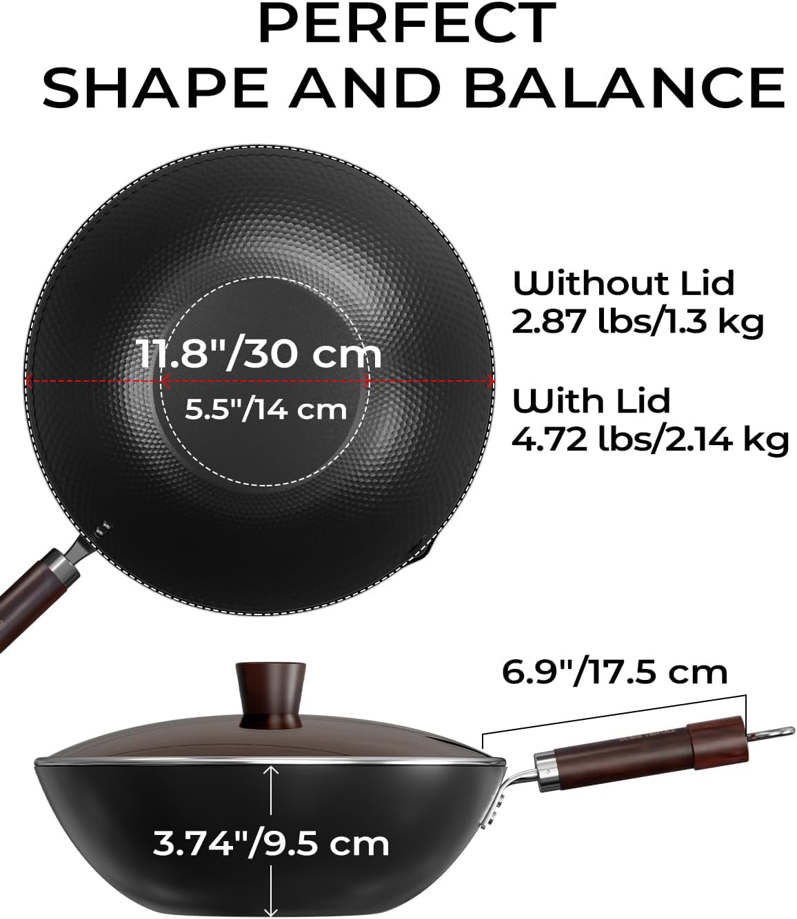 Carbon Steel Wok with Lid, Pre-Seasoned Flat Bottom Wok Pan, 11.8 Inch