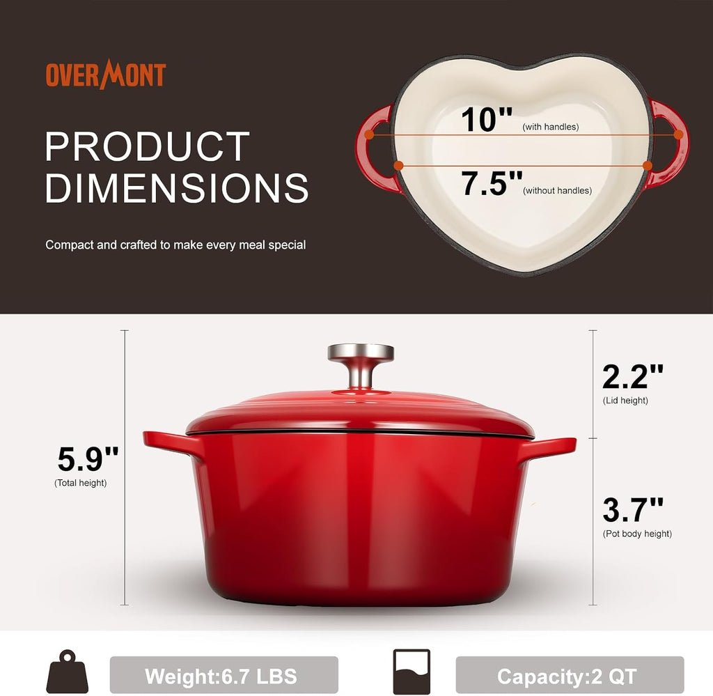 Overmont Enameled Cast Iron Dutch Oven - 2QT Heart-Shaped Mini Pot with Lid