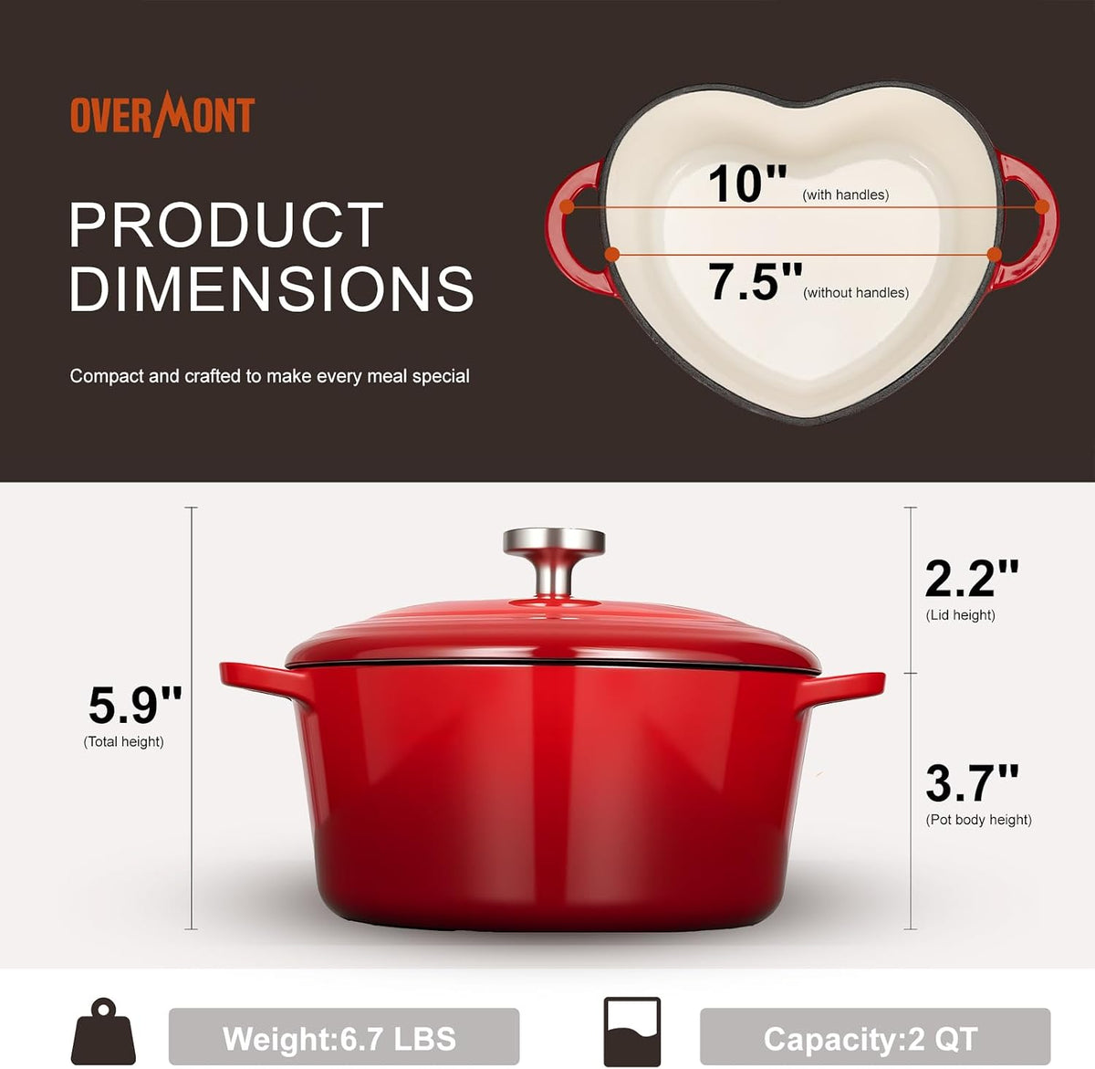 Overmont Enameled Cast Iron Dutch Oven - 2QT Heart-Shaped Mini Pot with Lid
