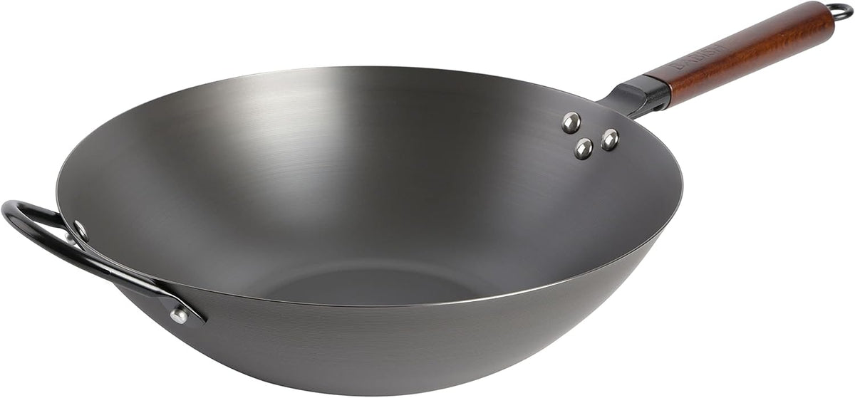 Babish 14 Inch Carbon Steel Wok Pan, Flat Bottom Stir Fry Pan, Induction