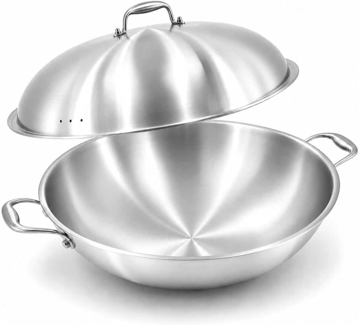 DELARLO Tri-Ply Stainless Steel Wok Pan with Steel Lid 16inch, Healthy Non-Toxic Flat Bottom Induction Wok, Stir Fry Pan for Glass Top Stove Up to 600℉