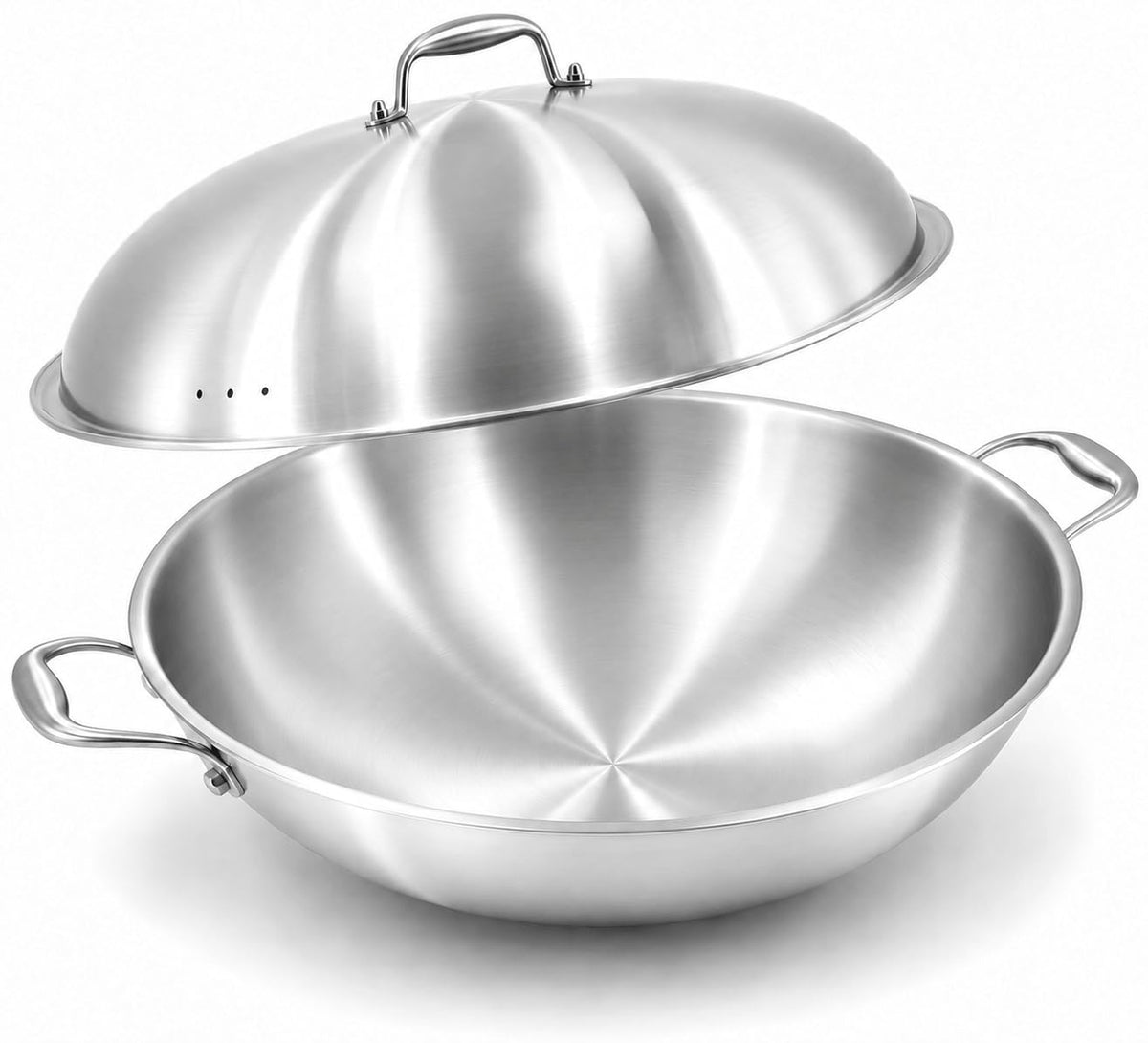 DELARLO Tri-Ply Stainless Steel Wok Pan with Steel Lid 16inch, Healthy Non-Toxic Flat Bottom Induction Wok, Stir Fry Pan for Glass Top Stove Up to 600℉
