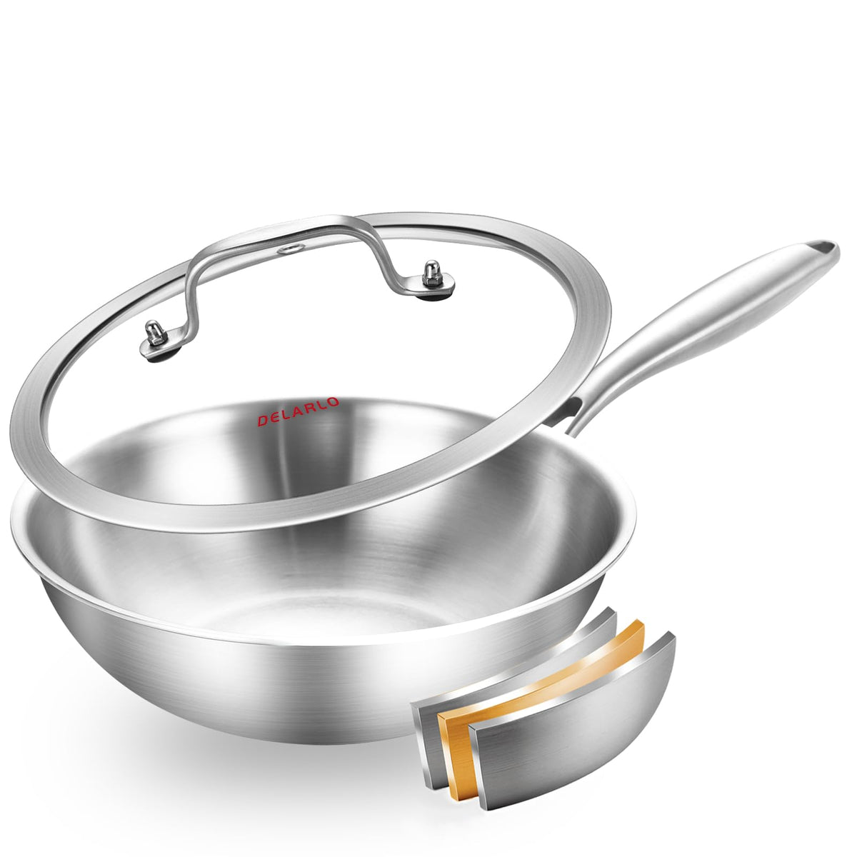 DELARLO Tri-Ply Stainless Steel Woks, 12 Inch Healthy Non-Toxic Cooking Wok Pan with Lid, Wide & Deep Cookware Stir-Fry Pans, Dishwasher and Oven Safe Up To 600°F, Works on Induction，Detachable Handle